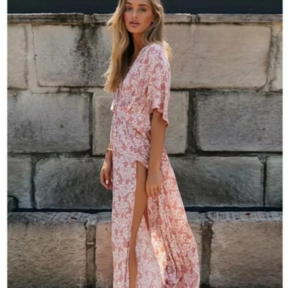 Floral Split Back V-neck Front Slit Cotton Boho Maxi Dress - Picture 5 of 16